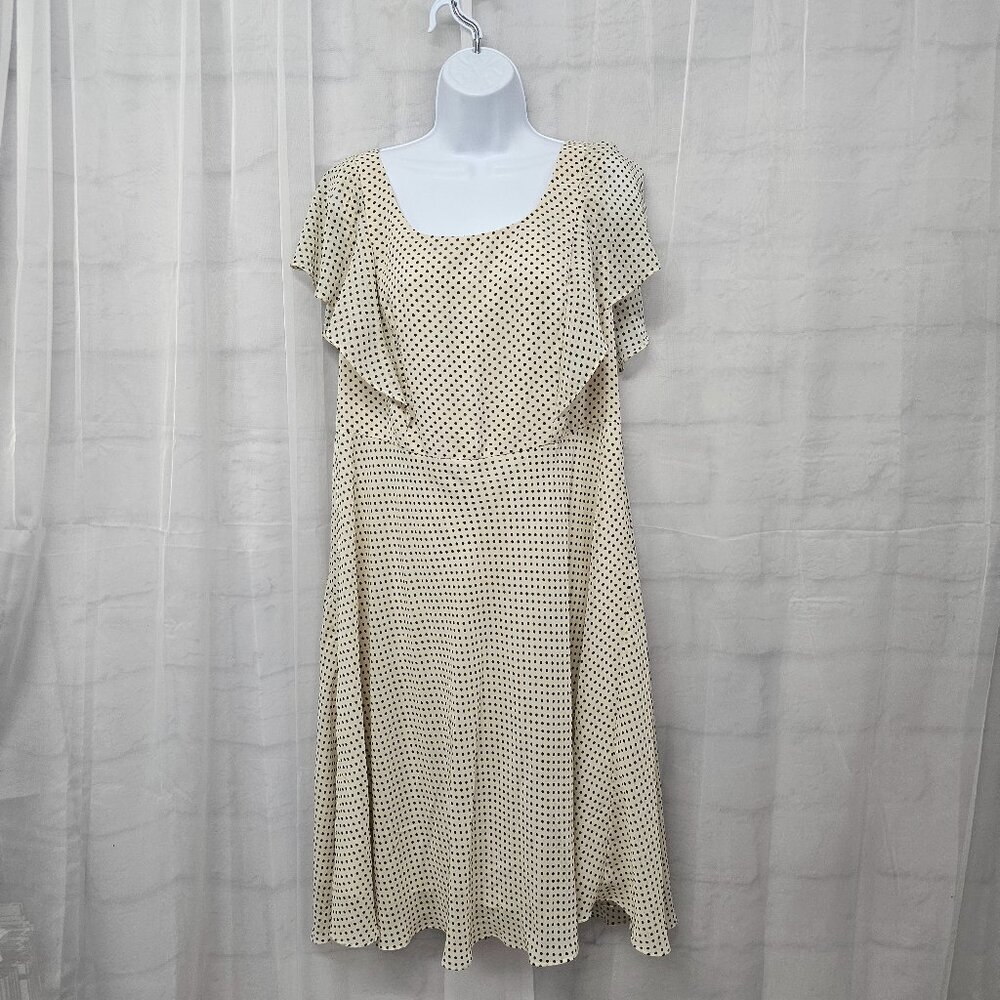 Adrianna Papell Dress Cream Black Polka Dot Retro Coquette Ruffle Midi 14W